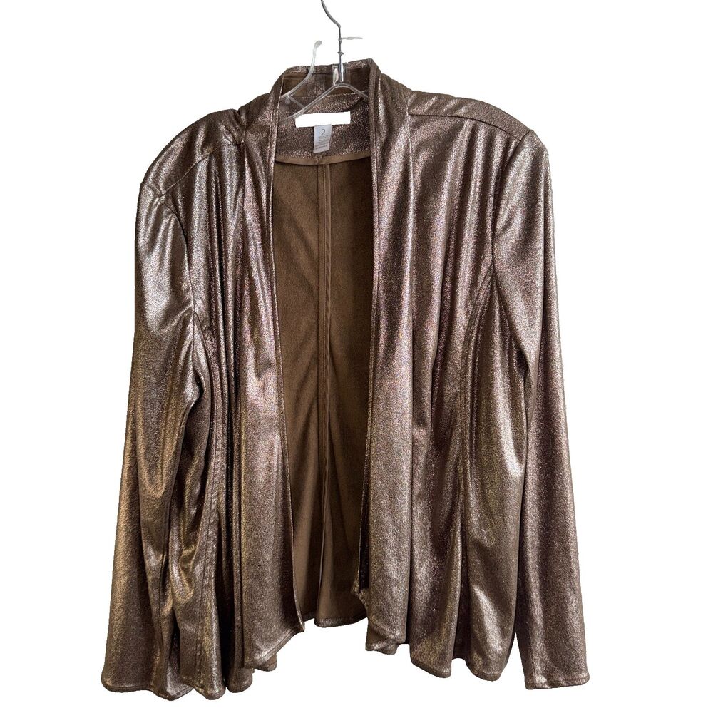Chicos Large 2 Womens Long Sleeve Open Front Cardigan Top Gold Metallic Party
